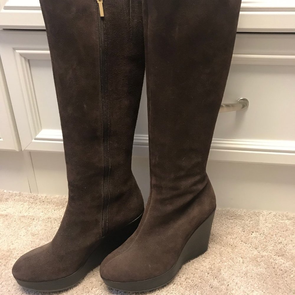 Tall Brown Suede Wedge Boots